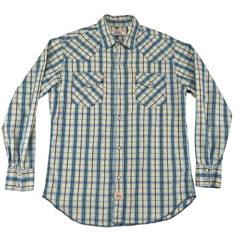 Levi Strauss Signature Mens Plaid Western Pearl Snap Shirt Blue Cream Medium